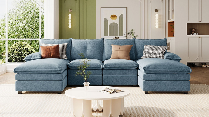 Buy farmhouse furniture U-Shaped Chenille Sectional Sofa with Adjustable Armrest and Pillows for Living Rooms, Offices - Modern Cottage Farmhouse Furniture
