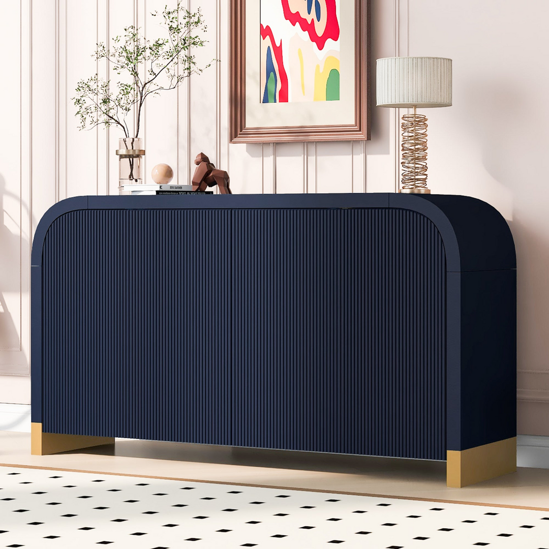 Buy farmhouse furniture Navy Blue 4-Door Curved Corner Wavy Door Panel Cabinet with Adjustable Shelves for Home - Modern Cottage Farmhouse Furniture