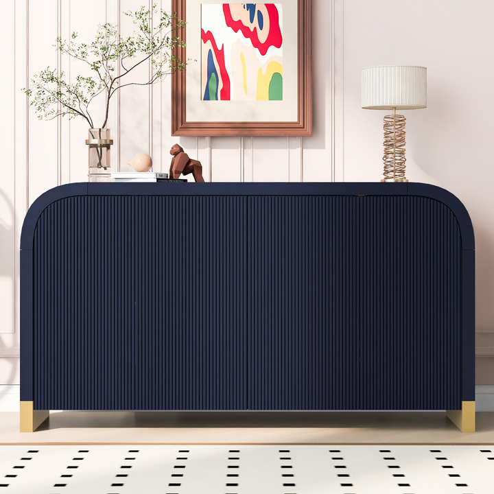 Buy farmhouse furniture Navy Blue 4-Door Curved Corner Wavy Door Panel Cabinet with Adjustable Shelves for Home - Modern Cottage Farmhouse Furniture