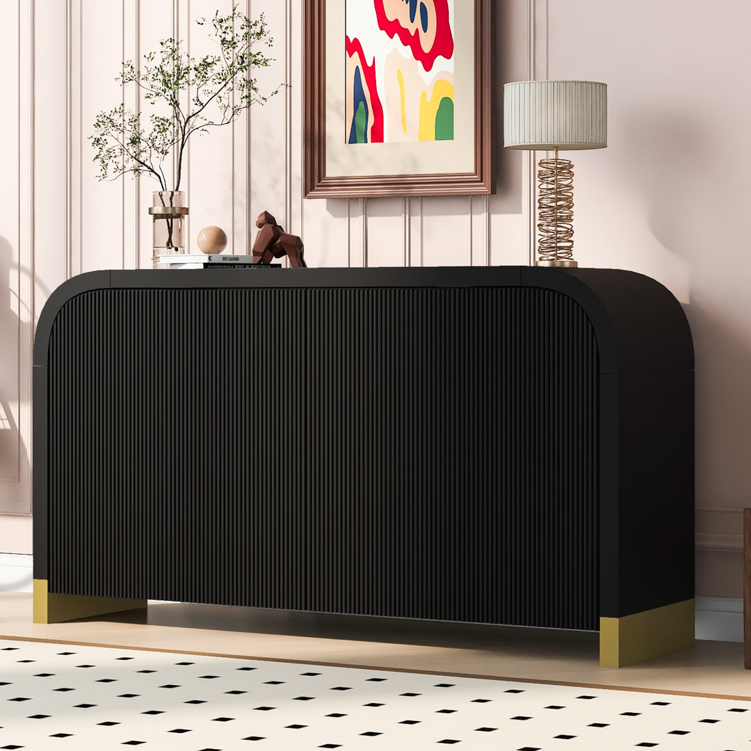 Buy farmhouse furniture Navy Blue 4-Door Curved Corner Wavy Door Panel Cabinet with Adjustable Shelves for Home - Modern Cottage Farmhouse Furniture