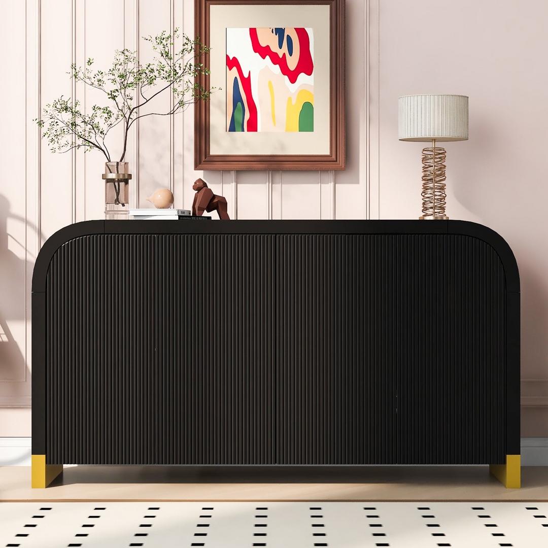 Buy farmhouse furniture Navy Blue 4-Door Curved Corner Wavy Door Panel Cabinet with Adjustable Shelves for Home - Modern Cottage Farmhouse Furniture