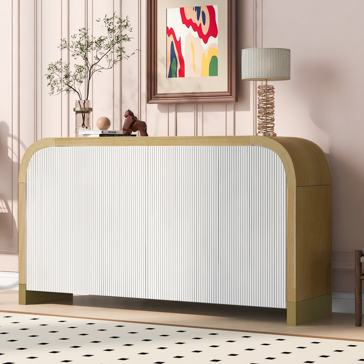 Buy farmhouse furniture Navy Blue 4-Door Curved Corner Wavy Door Panel Cabinet with Adjustable Shelves for Home - Modern Cottage Farmhouse Furniture