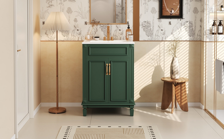 Buy farmhouse furniture Modern Bathroom Vanity with Integrated Sink, Soft-Closing Storage Cabinet - Durable Wood &amp; MDF - Easy-to-Clean Ceramic Basin - Adjustable Shelf - 24" - Modern Cottage Farmhouse Furniture