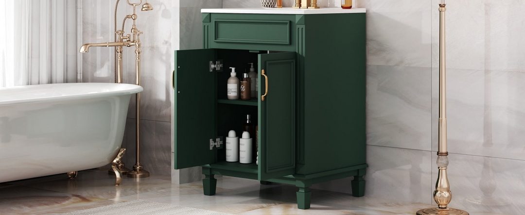 Buy farmhouse furniture Modern Bathroom Vanity with Integrated Sink, Soft-Closing Storage Cabinet - Durable Wood &amp; MDF - Easy-to-Clean Ceramic Basin - Adjustable Shelf - 24" - Modern Cottage Farmhouse Furniture