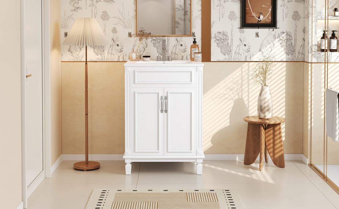 Buy farmhouse furniture Modern Bathroom Vanity with Integrated Sink, Soft-Closing Storage Cabinet - Durable Wood &amp; MDF - Easy-to-Clean Ceramic Basin - Adjustable Shelf - 24" - Modern Cottage Farmhouse Furniture