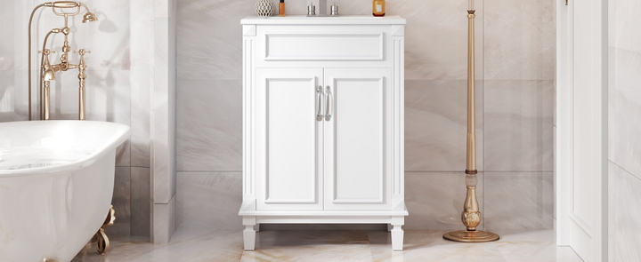Buy farmhouse furniture Modern Bathroom Vanity with Integrated Sink, Soft-Closing Storage Cabinet - Durable Wood &amp; MDF - Easy-to-Clean Ceramic Basin - Adjustable Shelf - 24" - Modern Cottage Farmhouse Furniture