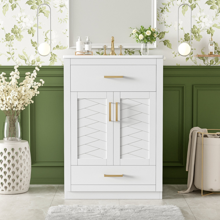 Buy farmhouse furniture Modern Bathroom Vanity with Integrated Ceramic Sink, Double Door Cabinet &amp; Tip-Out Drawer – Space-Saving Design for Small to Medium Bathrooms - Modern Cottage Farmhouse Furniture