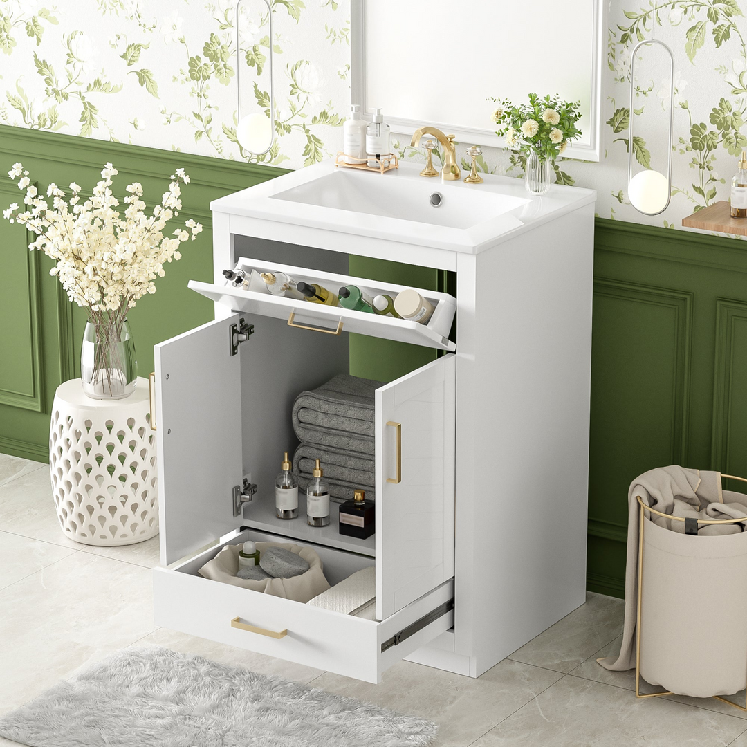 Buy farmhouse furniture Modern Bathroom Vanity with Integrated Ceramic Sink, Double Door Cabinet &amp; Tip-Out Drawer – Space-Saving Design for Small to Medium Bathrooms - Modern Cottage Farmhouse Furniture