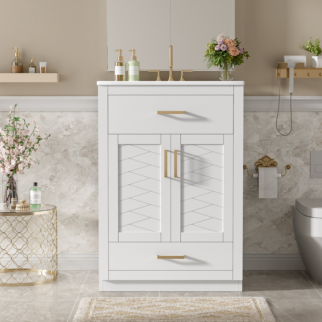 Buy farmhouse furniture Modern Bathroom Vanity with Integrated Ceramic Sink, Double Door Cabinet &amp; Tip-Out Drawer – Space-Saving Design for Small to Medium Bathrooms - Modern Cottage Farmhouse Furniture