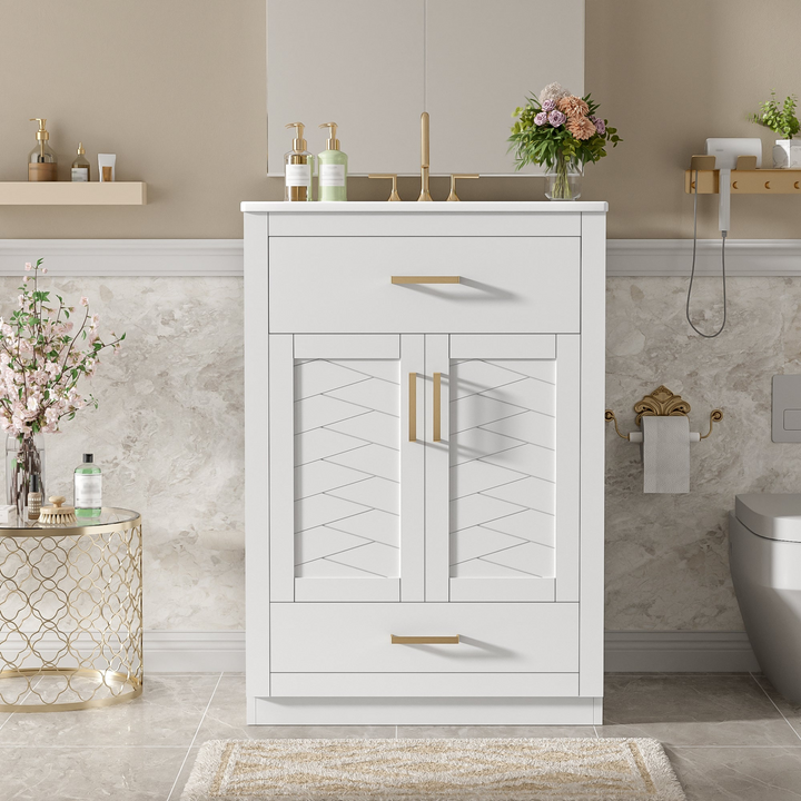 Buy farmhouse furniture Modern Bathroom Vanity with Integrated Ceramic Sink, Double Door Cabinet &amp; Tip-Out Drawer – Space-Saving Design for Small to Medium Bathrooms - Modern Cottage Farmhouse Furniture
