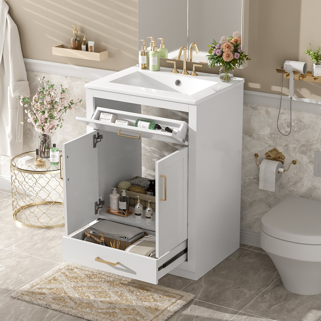 Buy farmhouse furniture Modern Bathroom Vanity with Integrated Ceramic Sink, Double Door Cabinet &amp; Tip-Out Drawer – Space-Saving Design for Small to Medium Bathrooms - Modern Cottage Farmhouse Furniture