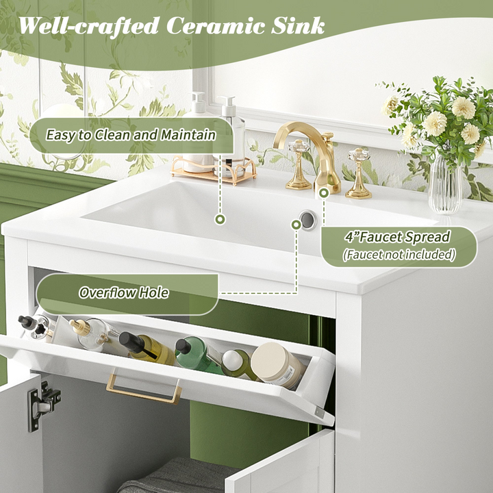 Buy farmhouse furniture Modern Bathroom Vanity with Integrated Ceramic Sink, Double Door Cabinet &amp; Tip-Out Drawer – Space-Saving Design for Small to Medium Bathrooms - Modern Cottage Farmhouse Furniture