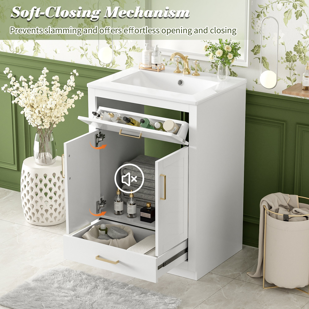 Buy farmhouse furniture Modern Bathroom Vanity with Integrated Ceramic Sink, Double Door Cabinet &amp; Tip-Out Drawer – Space-Saving Design for Small to Medium Bathrooms - Modern Cottage Farmhouse Furniture