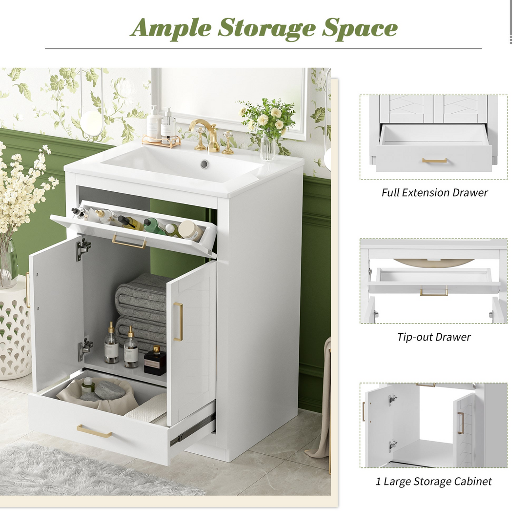 Buy farmhouse furniture Modern Bathroom Vanity with Integrated Ceramic Sink, Double Door Cabinet &amp; Tip-Out Drawer – Space-Saving Design for Small to Medium Bathrooms - Modern Cottage Farmhouse Furniture