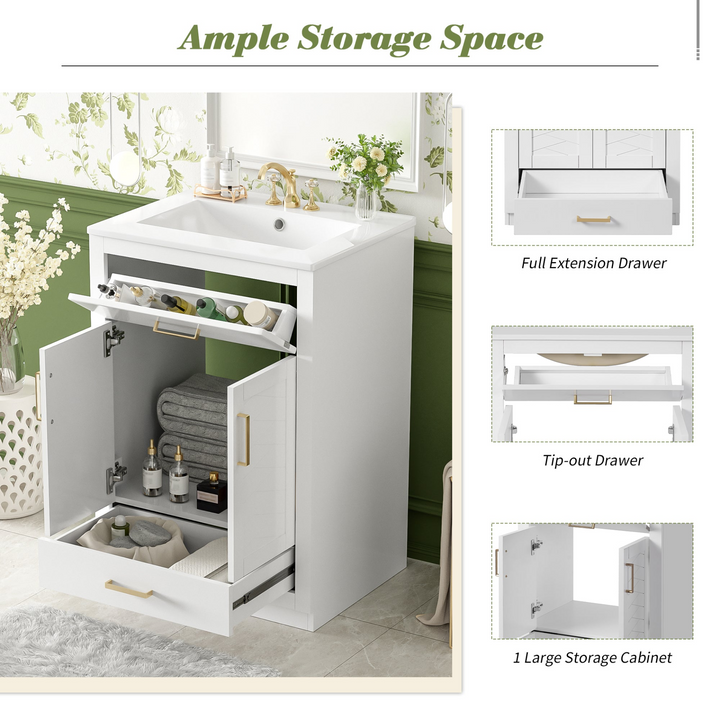 Buy farmhouse furniture Modern Bathroom Vanity with Integrated Ceramic Sink, Double Door Cabinet &amp; Tip-Out Drawer – Space-Saving Design for Small to Medium Bathrooms - Modern Cottage Farmhouse Furniture
