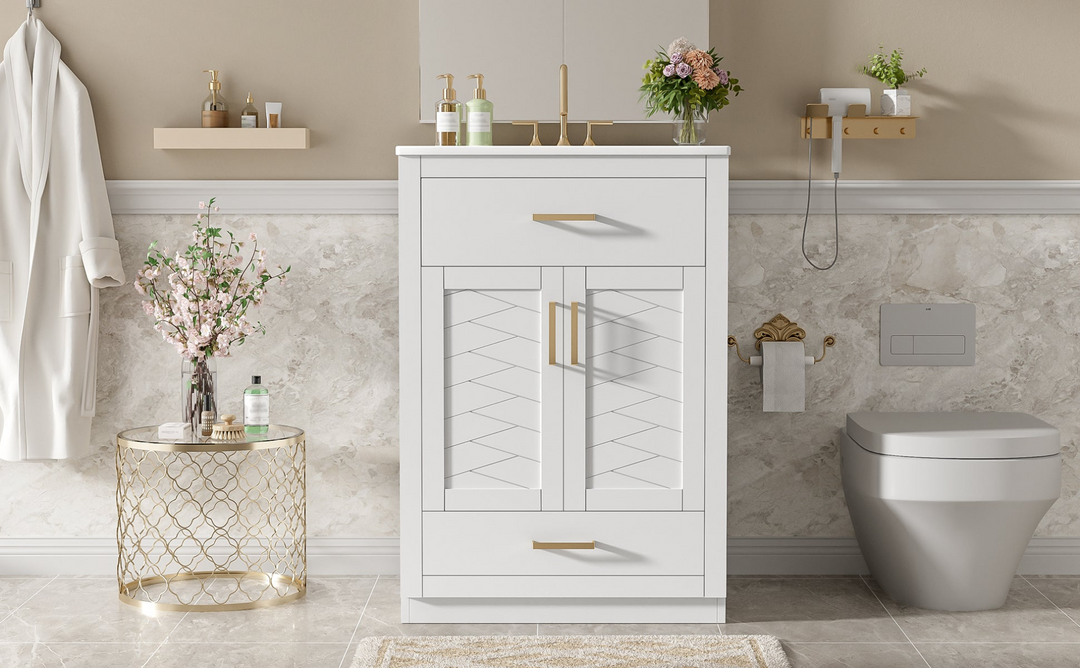 Buy farmhouse furniture Modern Bathroom Vanity with Integrated Ceramic Sink, Double Door Cabinet &amp; Tip-Out Drawer – Space-Saving Design for Small to Medium Bathrooms - Modern Cottage Farmhouse Furniture