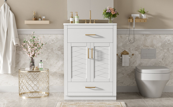 Buy farmhouse furniture Modern Bathroom Vanity with Integrated Ceramic Sink, Double Door Cabinet &amp; Tip-Out Drawer – Space-Saving Design for Small to Medium Bathrooms - Modern Cottage Farmhouse Furniture