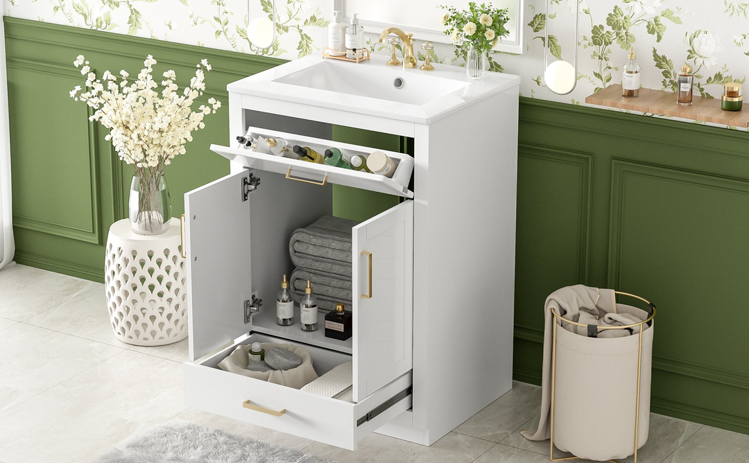 Buy farmhouse furniture Modern Bathroom Vanity with Integrated Ceramic Sink, Double Door Cabinet &amp; Tip-Out Drawer – Space-Saving Design for Small to Medium Bathrooms - Modern Cottage Farmhouse Furniture