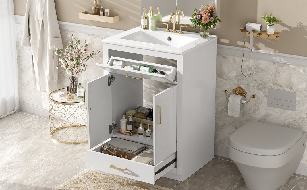 Buy farmhouse furniture Modern Bathroom Vanity with Integrated Ceramic Sink, Double Door Cabinet &amp; Tip-Out Drawer – Space-Saving Design for Small to Medium Bathrooms - Modern Cottage Farmhouse Furniture