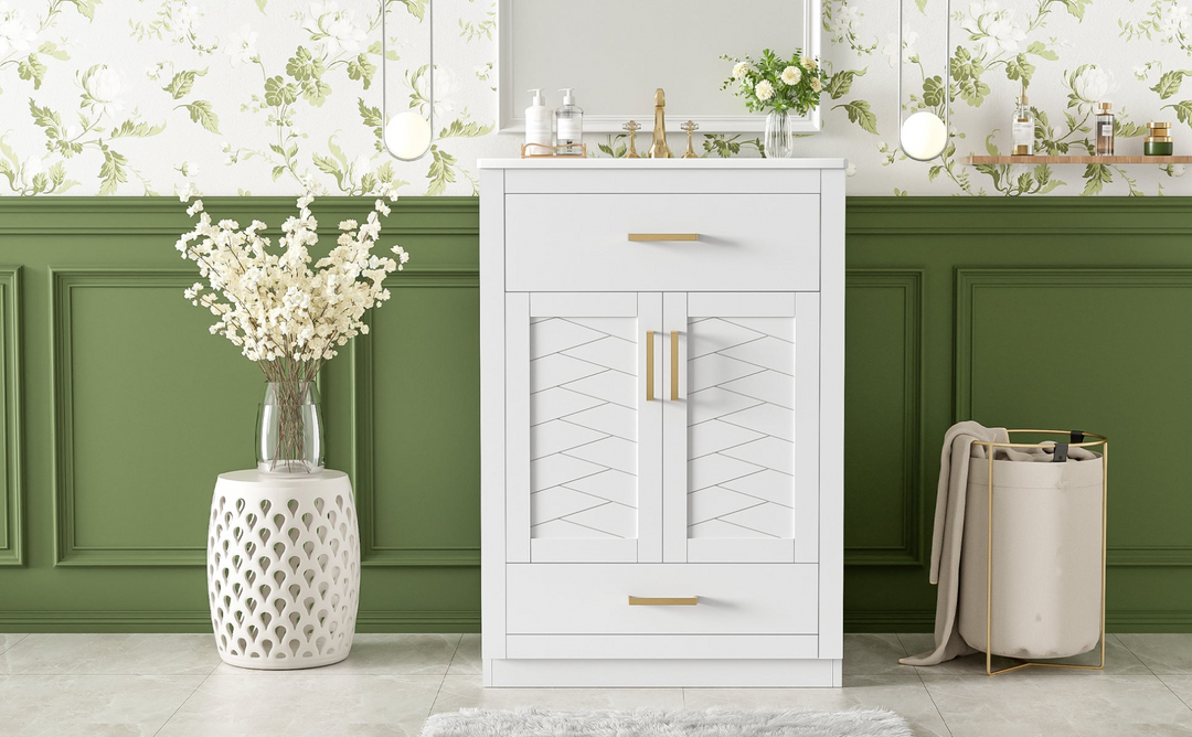 Buy farmhouse furniture Modern Bathroom Vanity with Integrated Ceramic Sink, Double Door Cabinet &amp; Tip-Out Drawer – Space-Saving Design for Small to Medium Bathrooms - Modern Cottage Farmhouse Furniture