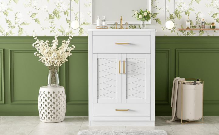 Buy farmhouse furniture Modern Bathroom Vanity with Integrated Ceramic Sink, Double Door Cabinet &amp; Tip-Out Drawer – Space-Saving Design for Small to Medium Bathrooms - Modern Cottage Farmhouse Furniture