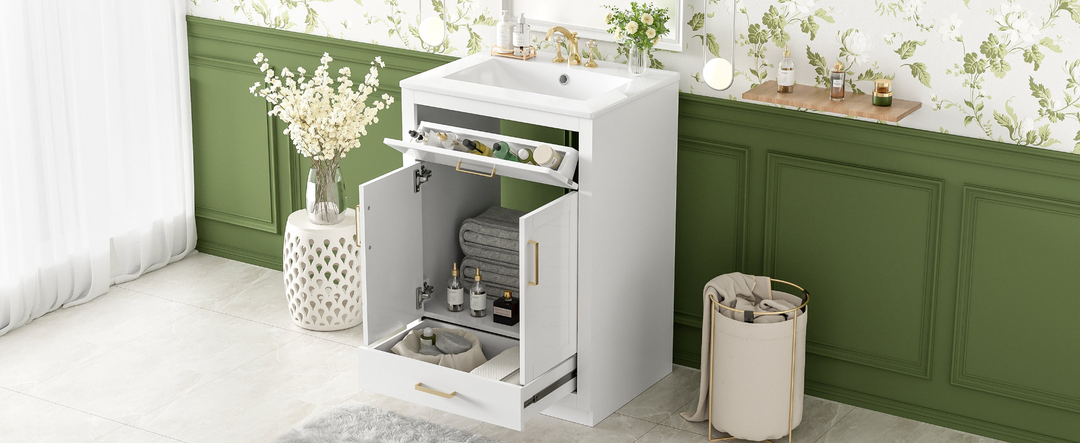 Buy farmhouse furniture Modern Bathroom Vanity with Integrated Ceramic Sink, Double Door Cabinet &amp; Tip-Out Drawer – Space-Saving Design for Small to Medium Bathrooms - Modern Cottage Farmhouse Furniture