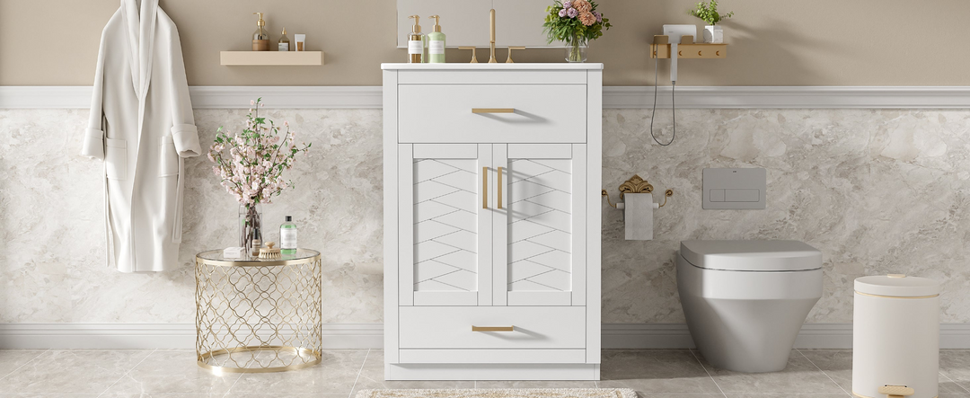 Buy farmhouse furniture Modern Bathroom Vanity with Integrated Ceramic Sink, Double Door Cabinet &amp; Tip-Out Drawer – Space-Saving Design for Small to Medium Bathrooms - Modern Cottage Farmhouse Furniture