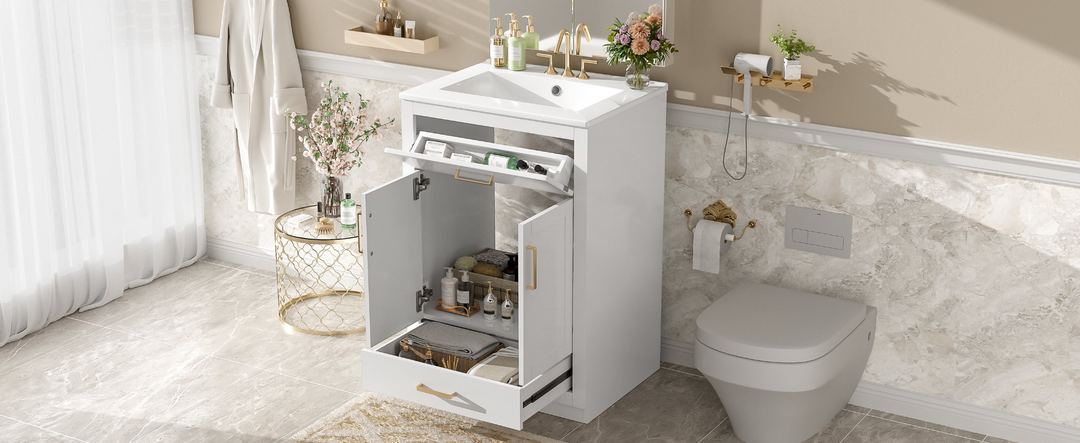 Buy farmhouse furniture Modern Bathroom Vanity with Integrated Ceramic Sink, Double Door Cabinet &amp; Tip-Out Drawer – Space-Saving Design for Small to Medium Bathrooms - Modern Cottage Farmhouse Furniture
