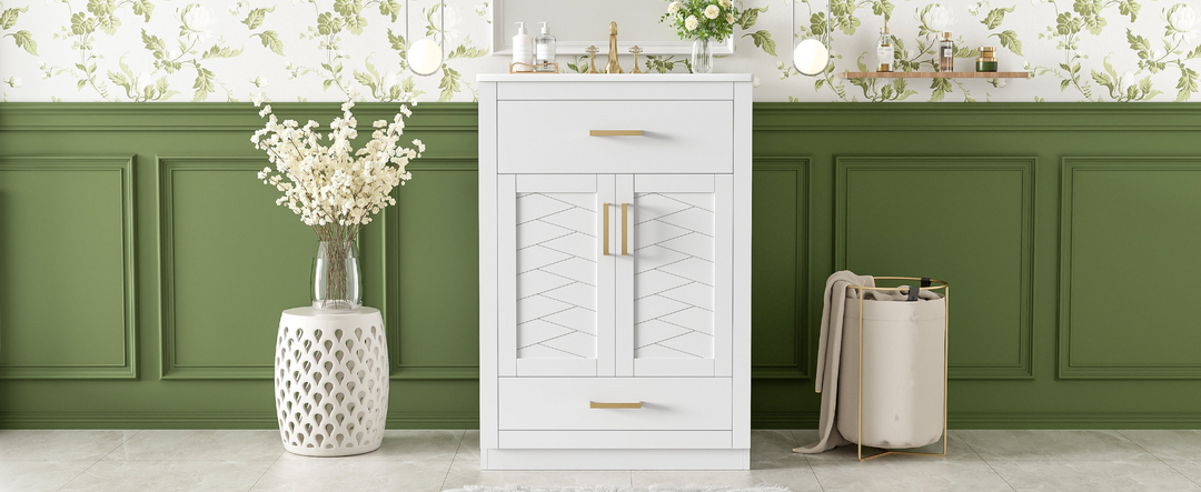 Buy farmhouse furniture Modern Bathroom Vanity with Integrated Ceramic Sink, Double Door Cabinet &amp; Tip-Out Drawer – Space-Saving Design for Small to Medium Bathrooms - Modern Cottage Farmhouse Furniture