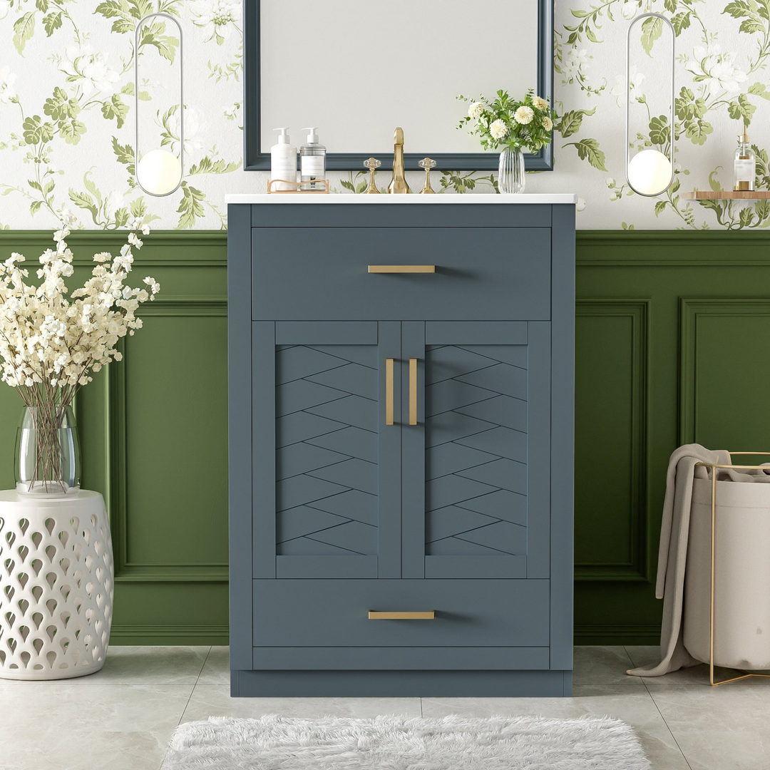 Buy farmhouse furniture Modern Bathroom Vanity with Integrated Ceramic Sink, Double Door Cabinet &amp; Tip-Out Drawer – Space-Saving Design for Small to Medium Bathrooms - Modern Cottage Farmhouse Furniture