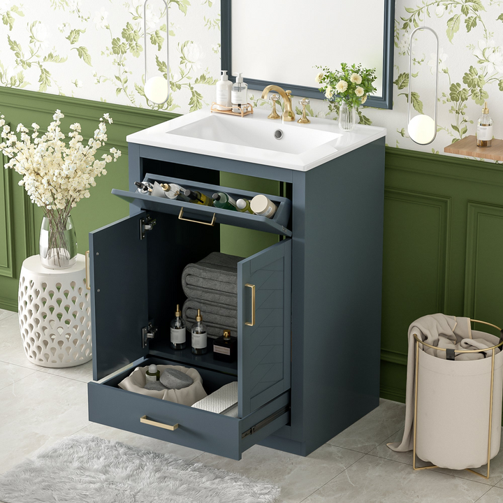 Buy farmhouse furniture Modern Bathroom Vanity with Integrated Ceramic Sink, Double Door Cabinet &amp; Tip-Out Drawer – Space-Saving Design for Small to Medium Bathrooms - Modern Cottage Farmhouse Furniture