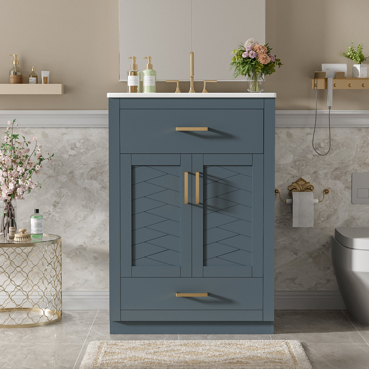 Buy farmhouse furniture Modern Bathroom Vanity with Integrated Ceramic Sink, Double Door Cabinet &amp; Tip-Out Drawer – Space-Saving Design for Small to Medium Bathrooms - Modern Cottage Farmhouse Furniture