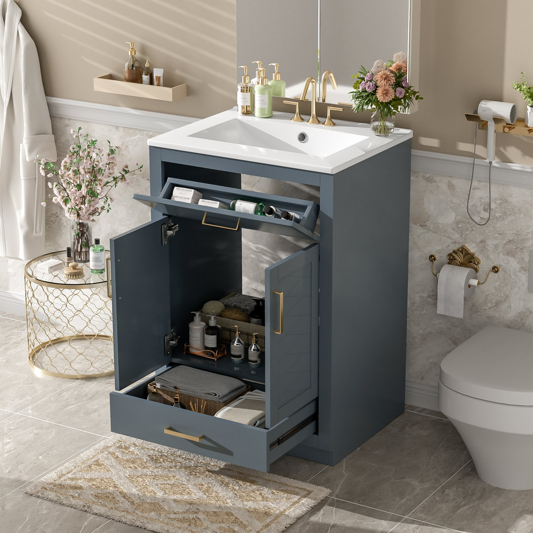 Buy farmhouse furniture Modern Bathroom Vanity with Integrated Ceramic Sink, Double Door Cabinet &amp; Tip-Out Drawer – Space-Saving Design for Small to Medium Bathrooms - Modern Cottage Farmhouse Furniture