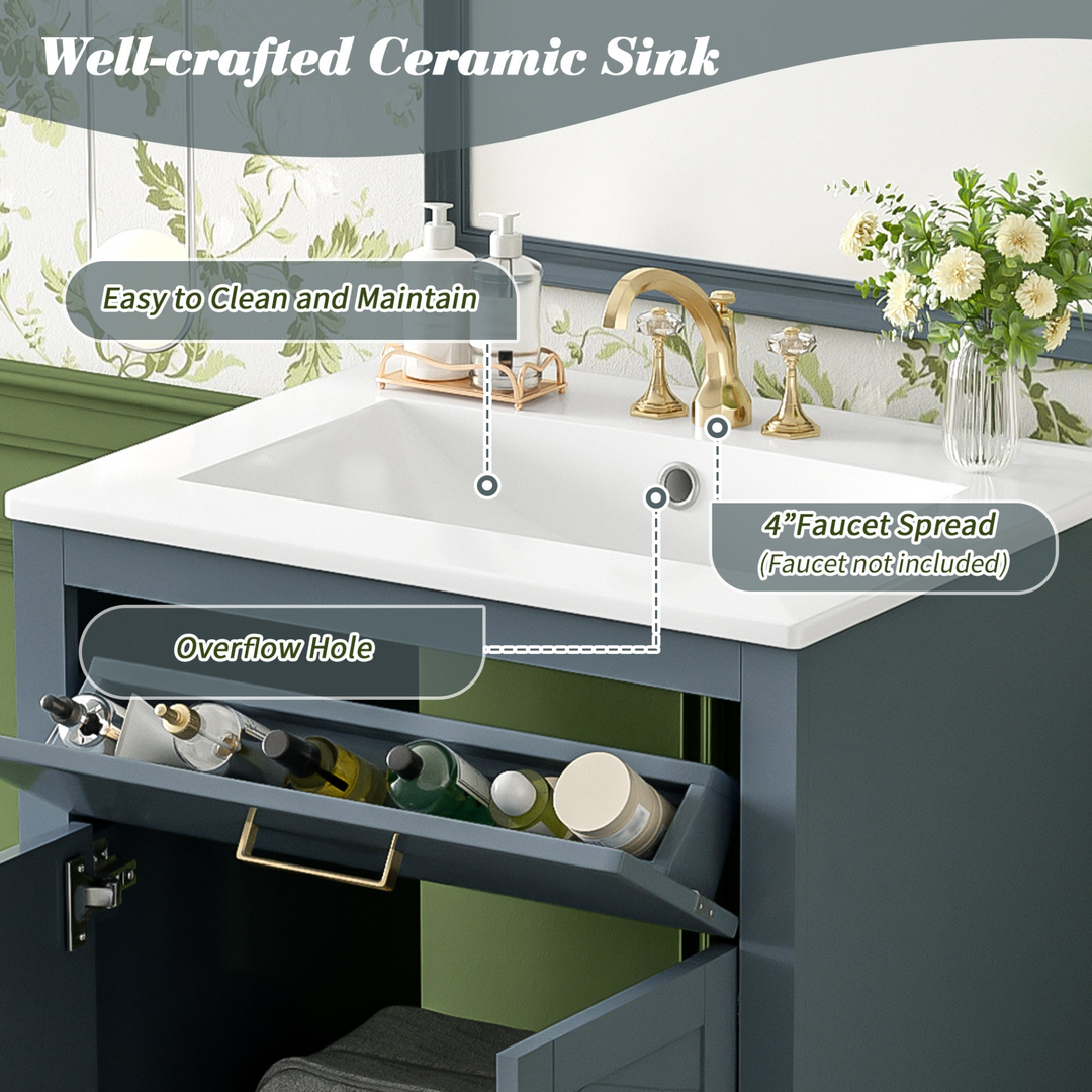 Buy farmhouse furniture Modern Bathroom Vanity with Integrated Ceramic Sink, Double Door Cabinet &amp; Tip-Out Drawer – Space-Saving Design for Small to Medium Bathrooms - Modern Cottage Farmhouse Furniture