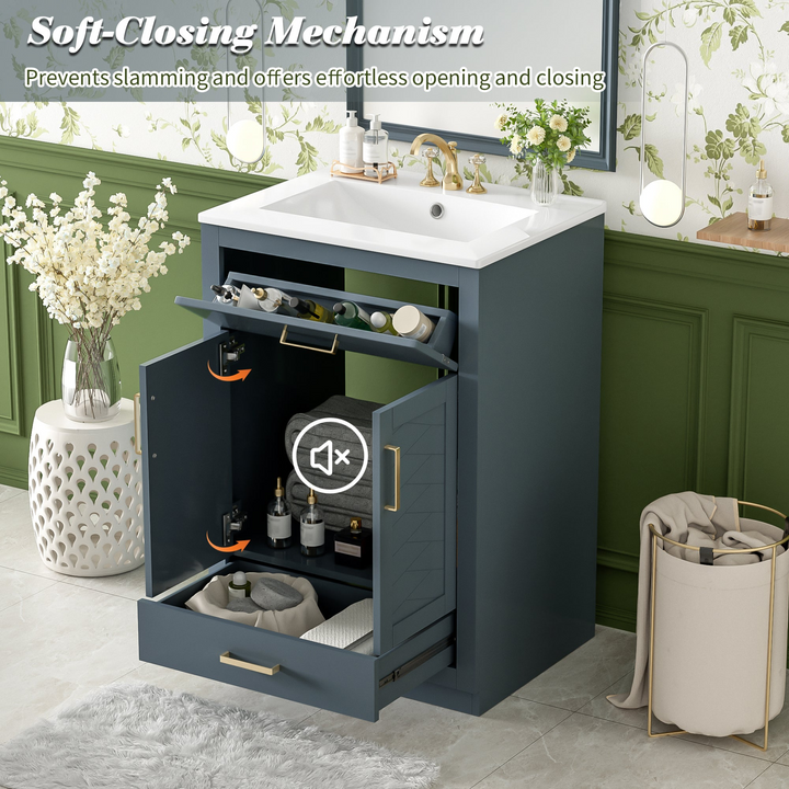 Buy farmhouse furniture Modern Bathroom Vanity with Integrated Ceramic Sink, Double Door Cabinet &amp; Tip-Out Drawer – Space-Saving Design for Small to Medium Bathrooms - Modern Cottage Farmhouse Furniture