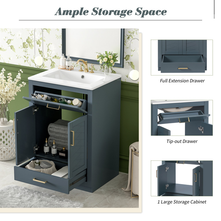 Buy farmhouse furniture Modern Bathroom Vanity with Integrated Ceramic Sink, Double Door Cabinet &amp; Tip-Out Drawer – Space-Saving Design for Small to Medium Bathrooms - Modern Cottage Farmhouse Furniture