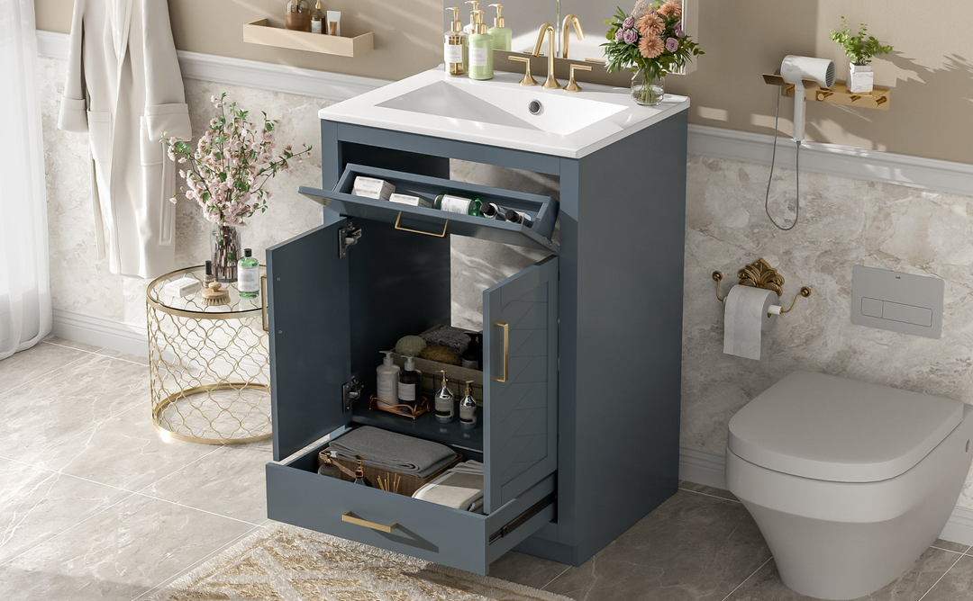 Buy farmhouse furniture Modern Bathroom Vanity with Integrated Ceramic Sink, Double Door Cabinet &amp; Tip-Out Drawer – Space-Saving Design for Small to Medium Bathrooms - Modern Cottage Farmhouse Furniture