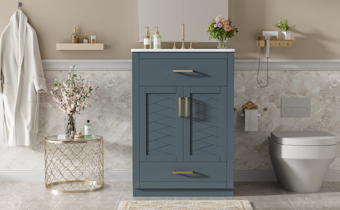 Buy farmhouse furniture Modern Bathroom Vanity with Integrated Ceramic Sink, Double Door Cabinet &amp; Tip-Out Drawer – Space-Saving Design for Small to Medium Bathrooms - Modern Cottage Farmhouse Furniture
