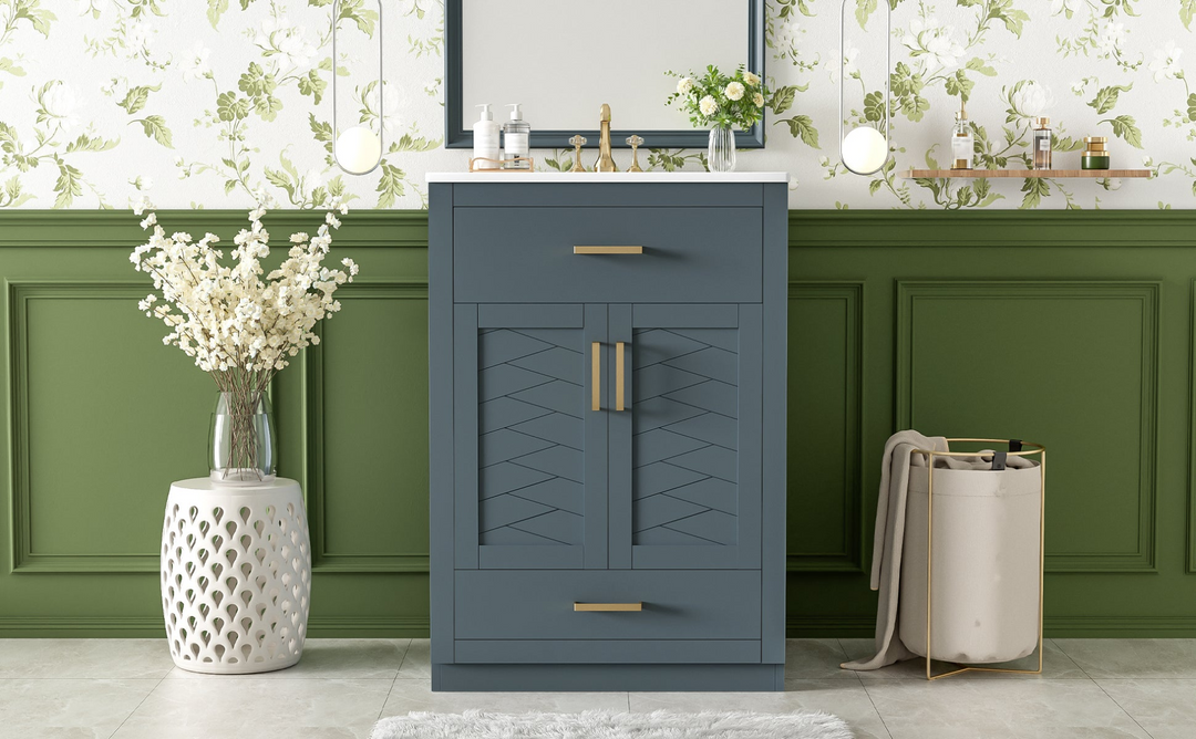 Buy farmhouse furniture Modern Bathroom Vanity with Integrated Ceramic Sink, Double Door Cabinet &amp; Tip-Out Drawer – Space-Saving Design for Small to Medium Bathrooms - Modern Cottage Farmhouse Furniture