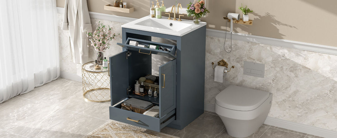 Buy farmhouse furniture Modern Bathroom Vanity with Integrated Ceramic Sink, Double Door Cabinet &amp; Tip-Out Drawer – Space-Saving Design for Small to Medium Bathrooms - Modern Cottage Farmhouse Furniture