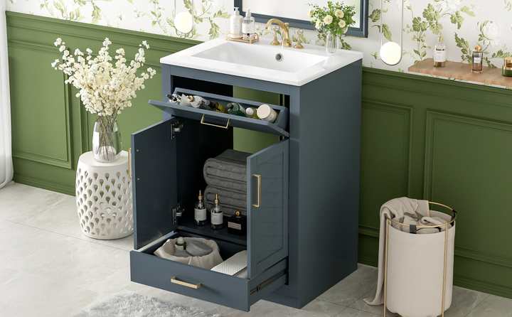 Buy farmhouse furniture Modern Bathroom Vanity with Integrated Ceramic Sink, Double Door Cabinet &amp; Tip-Out Drawer – Space-Saving Design for Small to Medium Bathrooms - Modern Cottage Farmhouse Furniture
