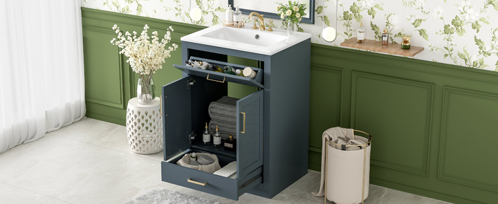 Buy farmhouse furniture Modern Bathroom Vanity with Integrated Ceramic Sink, Double Door Cabinet &amp; Tip-Out Drawer – Space-Saving Design for Small to Medium Bathrooms - Modern Cottage Farmhouse Furniture