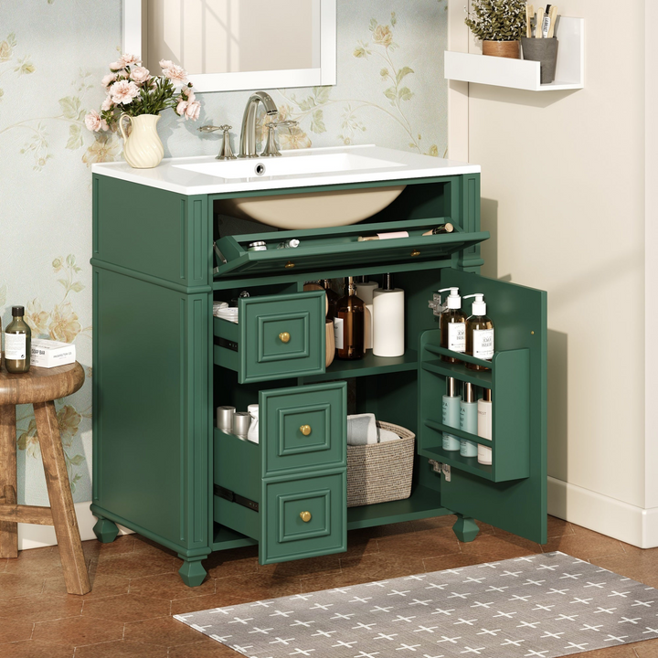 Buy farmhouse furniture Farmhouse Bathroom Vanity | Ceramic Sink Basin, Soft-Close Doors &amp; Storage Cabinet - Modern Cottage Farmhouse Furniture