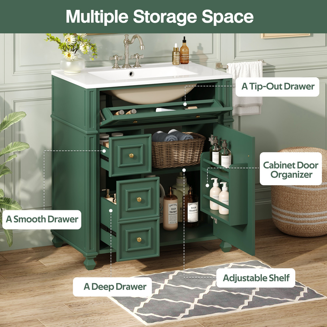 Buy farmhouse furniture Farmhouse Bathroom Vanity | Ceramic Sink Basin, Soft-Close Doors &amp; Storage Cabinet - Modern Cottage Farmhouse Furniture