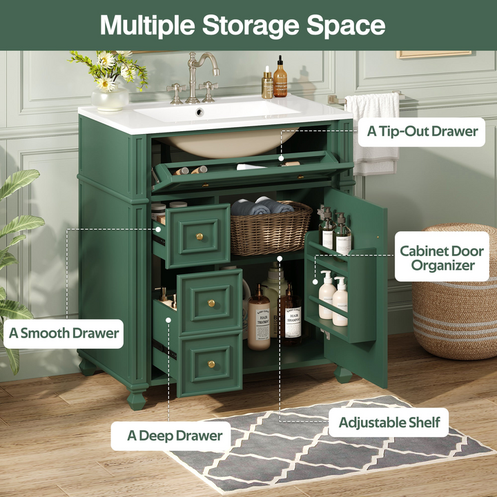 Buy farmhouse furniture Farmhouse Bathroom Vanity | Ceramic Sink Basin, Soft-Close Doors &amp; Storage Cabinet - Modern Cottage Farmhouse Furniture