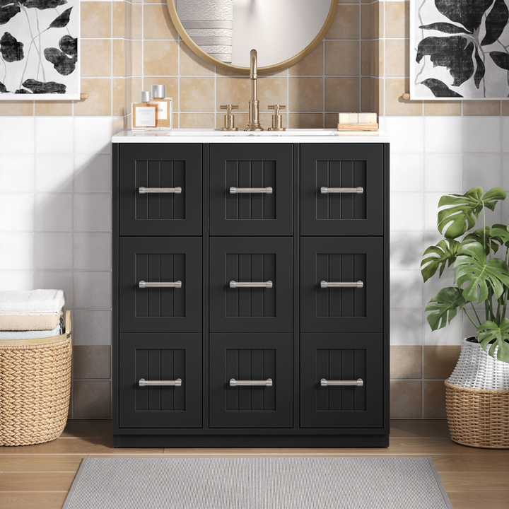 Buy farmhouse furniture Modern Bathroom Vanity Cabinet with Ceramic Sink, Drawers &amp; Storage for Bathroom Organization - Modern Cottage Farmhouse Furniture