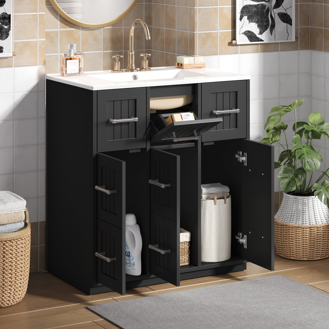 Buy farmhouse furniture Modern Bathroom Vanity Cabinet with Ceramic Sink, Drawers &amp; Storage for Bathroom Organization - Modern Cottage Farmhouse Furniture