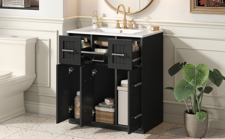 Buy farmhouse furniture Modern Bathroom Vanity Cabinet with Ceramic Sink, Drawers &amp; Storage for Bathroom Organization - Modern Cottage Farmhouse Furniture
