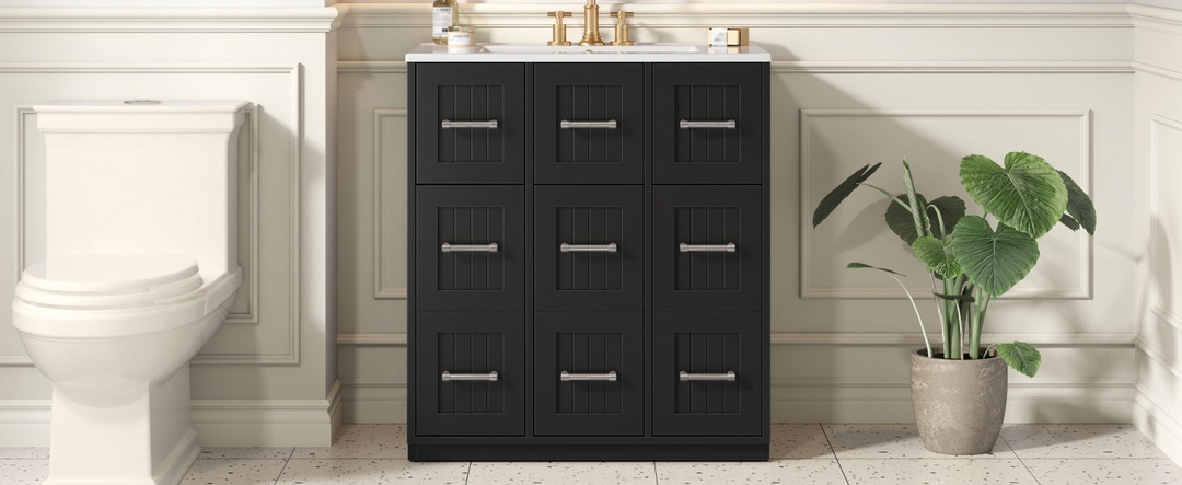 Buy farmhouse furniture Modern Bathroom Vanity Cabinet with Ceramic Sink, Drawers &amp; Storage for Bathroom Organization - Modern Cottage Farmhouse Furniture