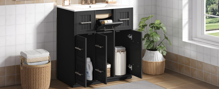 Buy farmhouse furniture Modern Bathroom Vanity Cabinet with Ceramic Sink, Drawers &amp; Storage for Bathroom Organization - Modern Cottage Farmhouse Furniture